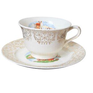Stetson Vintage Porcelain Tea Cup Saucer Dutch Windmill Scene Gold Ornate Design